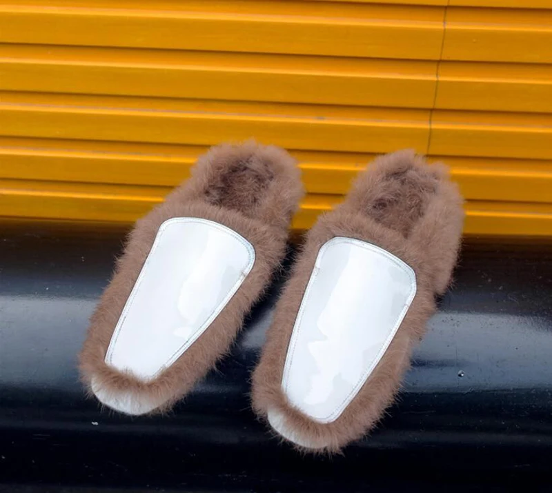 Stylesowner Super Warm Lazy Slipper Shoe Rabbit Fur Squared Toe Patent Leather Outdoor Slides Chic Flat Mules