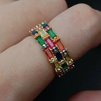 

Golden filled fashion jewelry rainbow long bar cz ring colorful eternity band ring