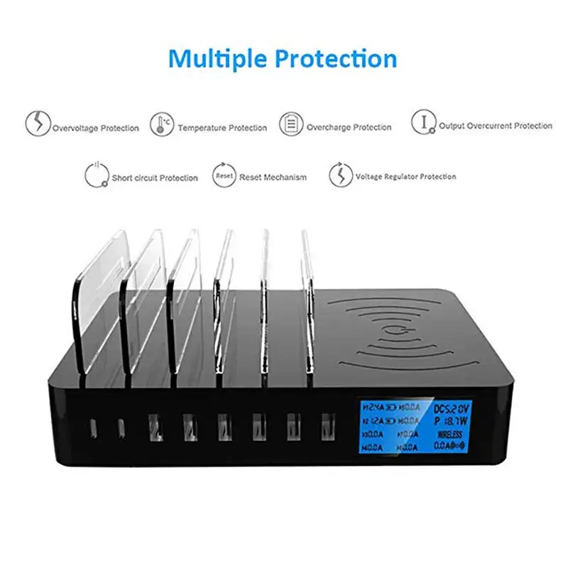 Qi Wireless Charger 8 ports Smart USB Charger 5V8A 40W LCD Display Desktop Holder For iPhone Samsung Huawei AC Adapter