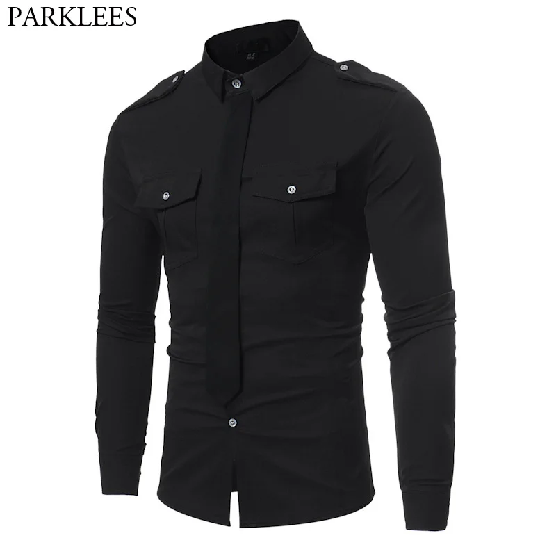

Double Pocket Military Style Black Shirt Men 2018 Casual Contrast Color Fake Tie Social Shirt Male Slim Fit Long Sleeve Chemise