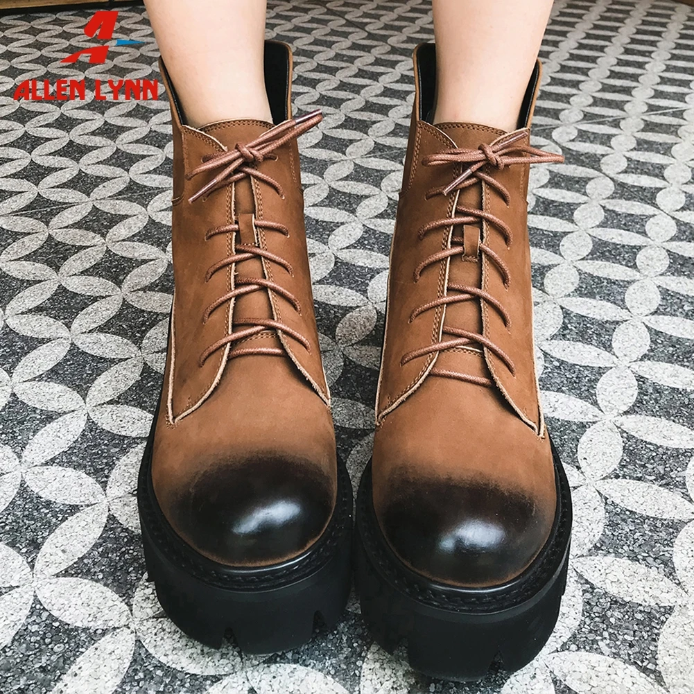 

ALLEN LYNN 2019 New Retro Old Style Street Genuine Cow Leather Ankle Booties Women 2019 Autumn Lace Up Shoes Woman 34-42