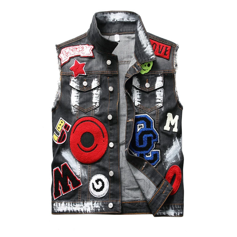 

Sokotoo Men's badges patchwork embroidery jean vest Trendy streetwear eagle painted denim tank top Sleeveless black waistcoat