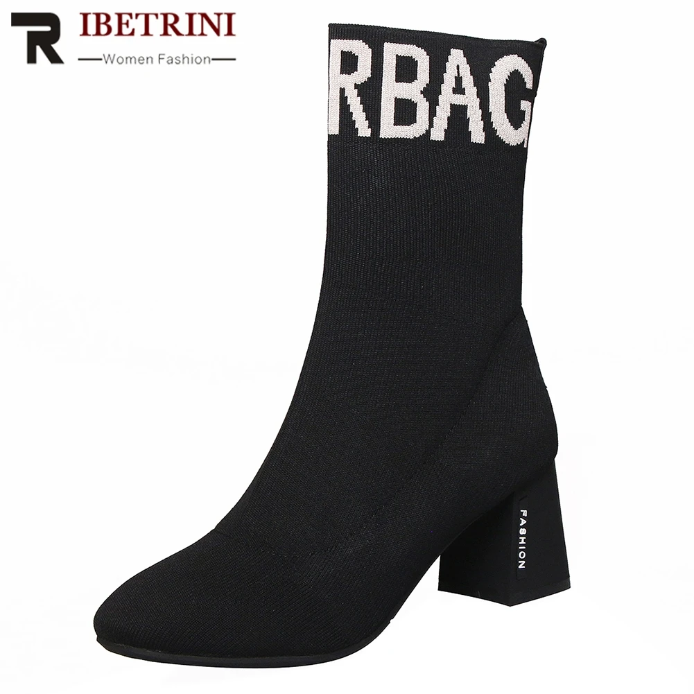 

RIBETRINI INS Hot Fashion Street Style Weave Ankle Boots Woman Black Square High Heels Ankle Boots women's Shoes Woman 33-44