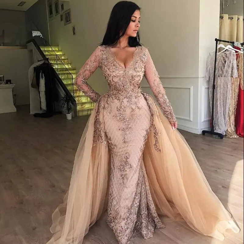 

Champagne Sequined Lace 2 Pieces Prom Gowns With Detachable Train Modest Full Sleeves Evening Gowns Elegant Formal Clothing