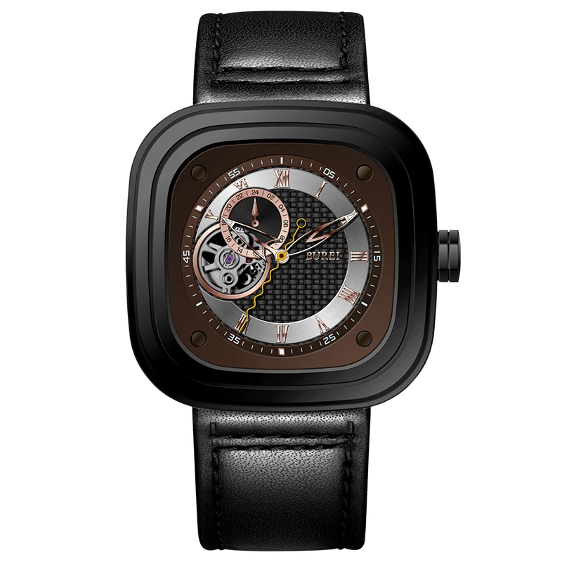 

BUREI geneva watch Switzerland brand seven skeleton Square japan Time Module 24 jewels automatic Tourbillon Sapphire brown