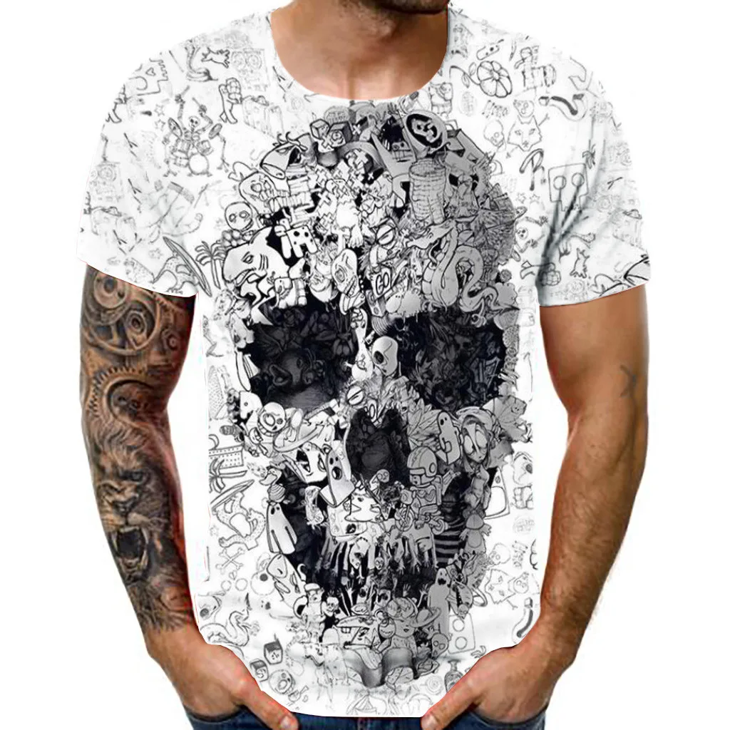 

2019 hot sales Men's New Summer T-shirt With Round Neck Short Sleeve Skull 3-D Printed Top high quality
