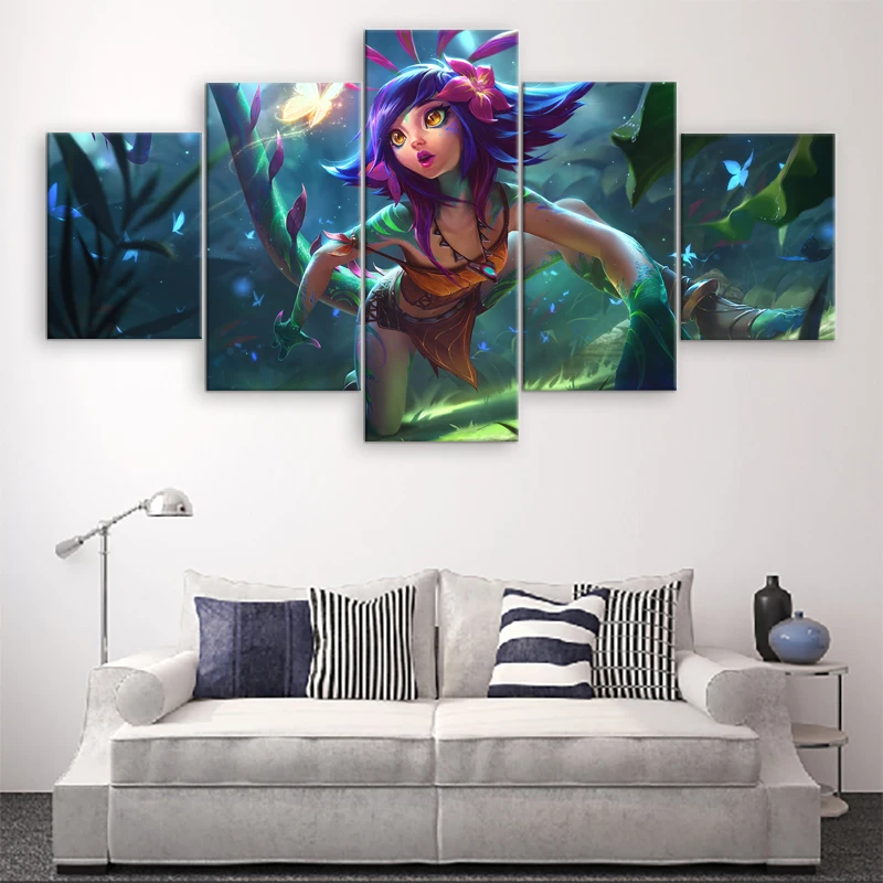 

Modern 5 Panel Canvas Printed Neeko Wall Art Game Poster League of Legends Painting Pictures Artwork Home Decor For Living Room