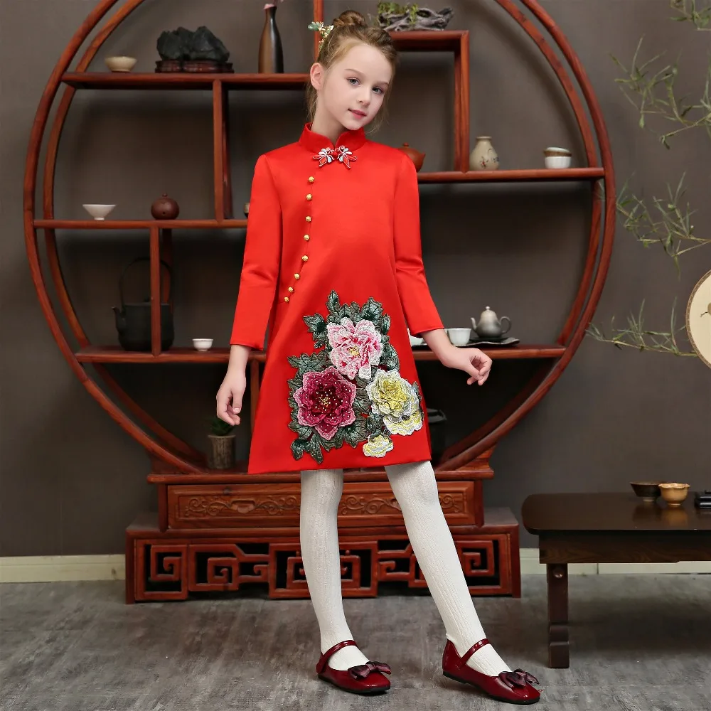 

Marfoli New host Dress For Prom Red Chinese style Dress with flower for Girls First Communion Pageant Dress costume