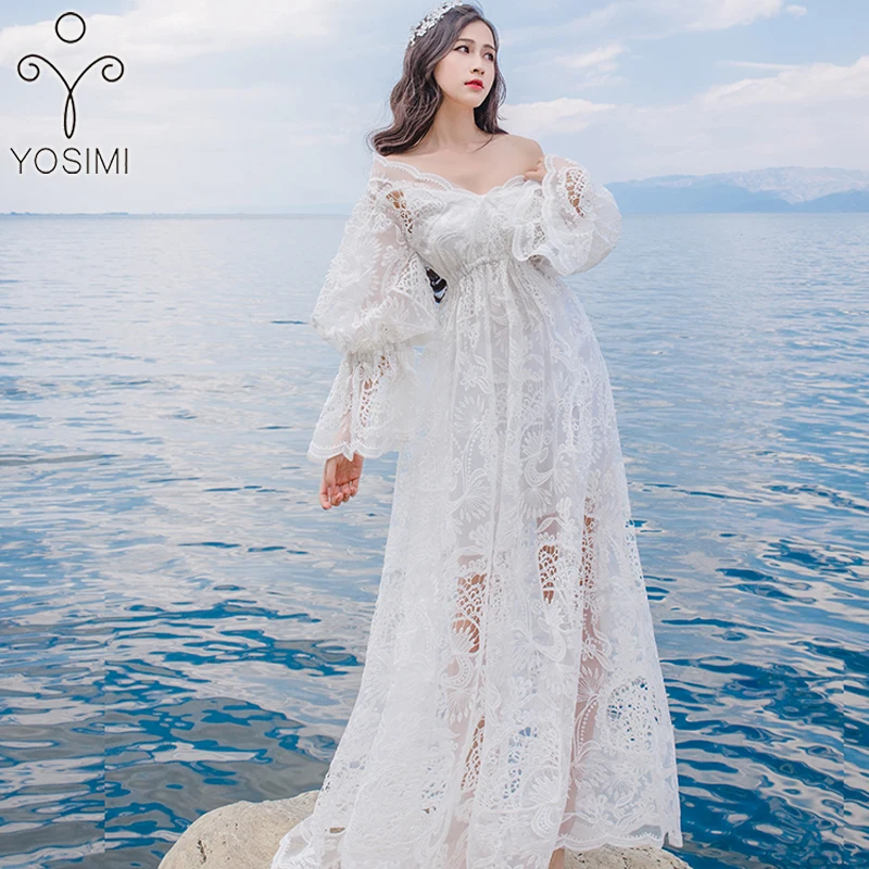 

YOSIMI 2019 Summer Maxi Ladies Party Dress White Lace Long Women Dresses Female Vestidos Tunic Long Sleeve V-neck Ankle-Lenght