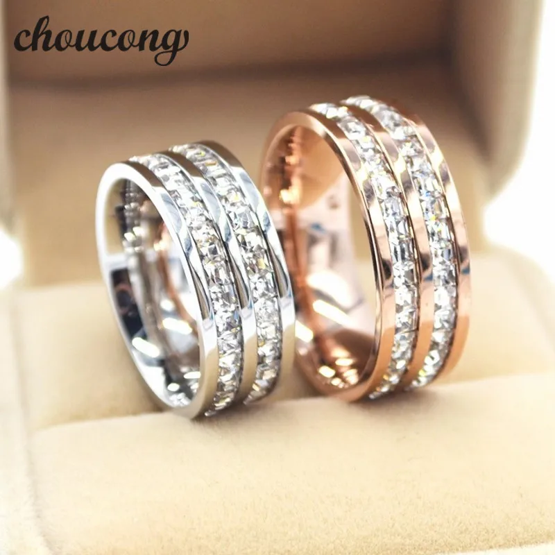 

choucong Jewelry Width 8mm couple Band ring princess cut AAA Cz Crystal Stainless steel Party Engagement Wedding for Women men