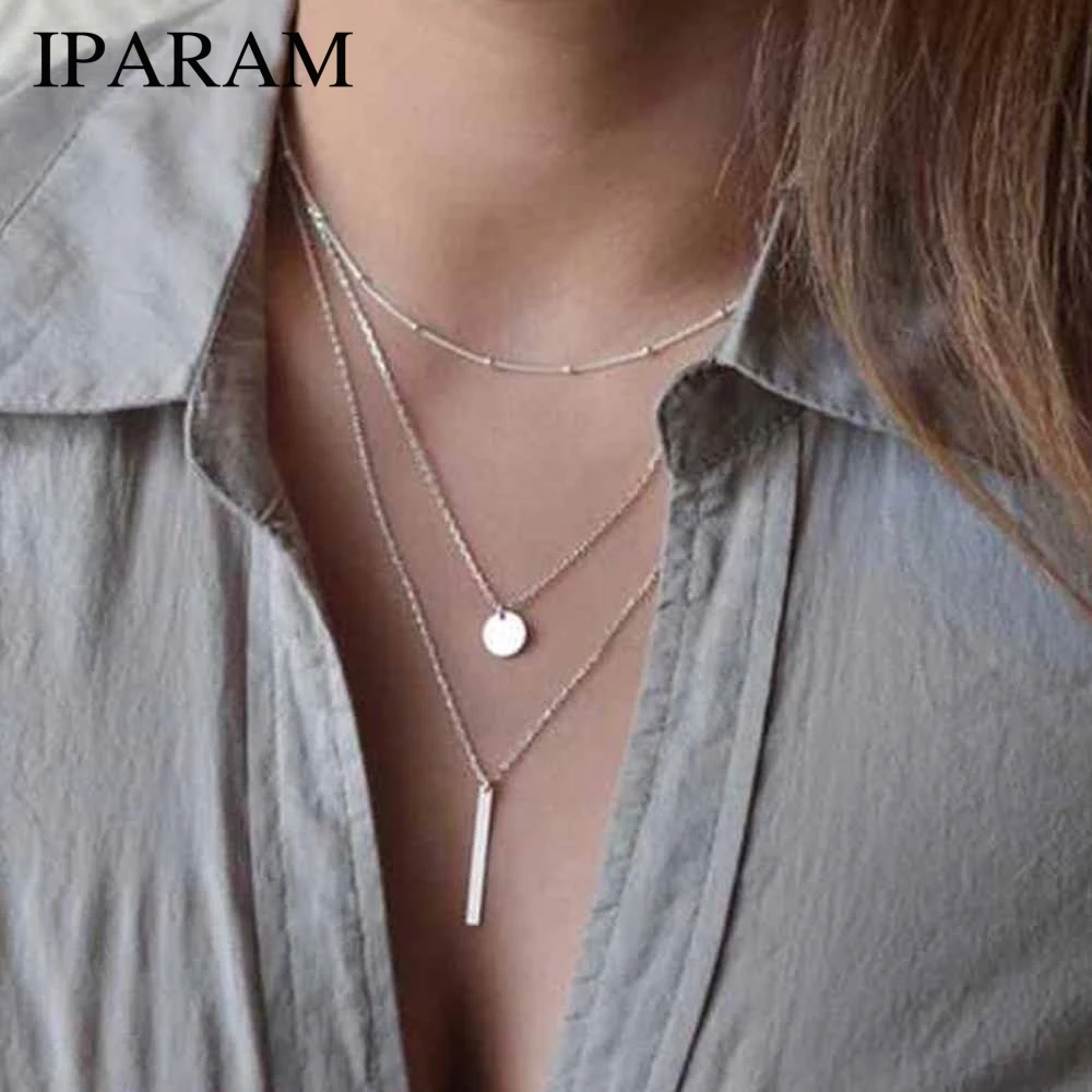 

IPARAM New European Simple Sequins Bar Coin Multilayer Chain Tassel Tiny Clavicle Necklaces For Women Jewelry Gift Girl Collier