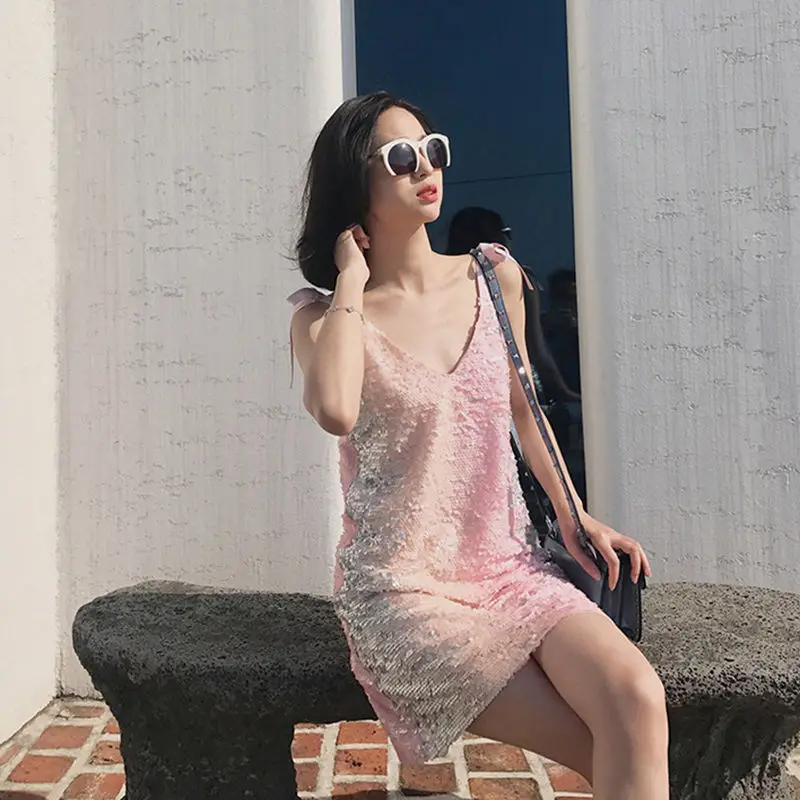 

2019 Mini Dress Sexy Spaghetti Strap Backless Pink Bow Women V Neck Sequined Beach Style Sleeveless Long Sleeve Dresses Wholesal