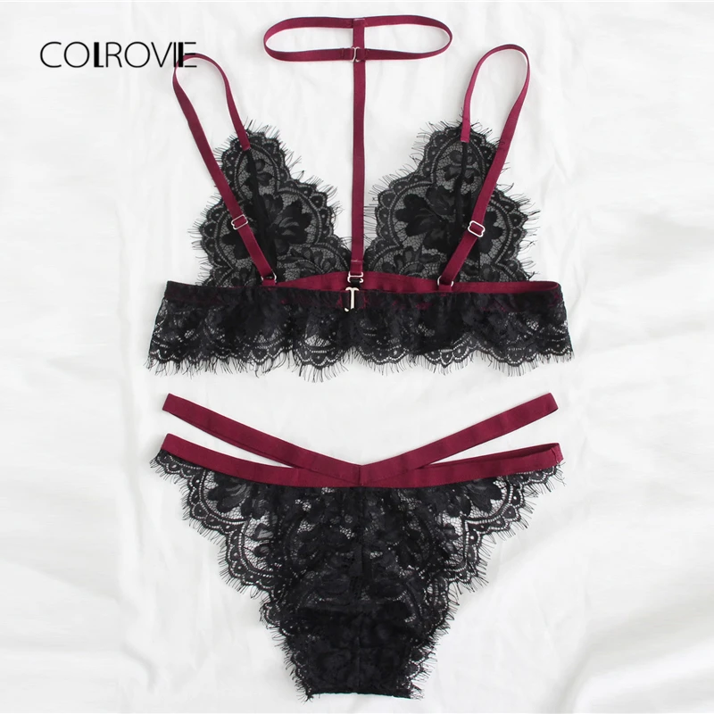 COLROVIE Detachable Halter Lace Lingerie Set 2018 Summer Adjustable Women Bra And Brief Sets Sexy Underwear Transparent Bra set