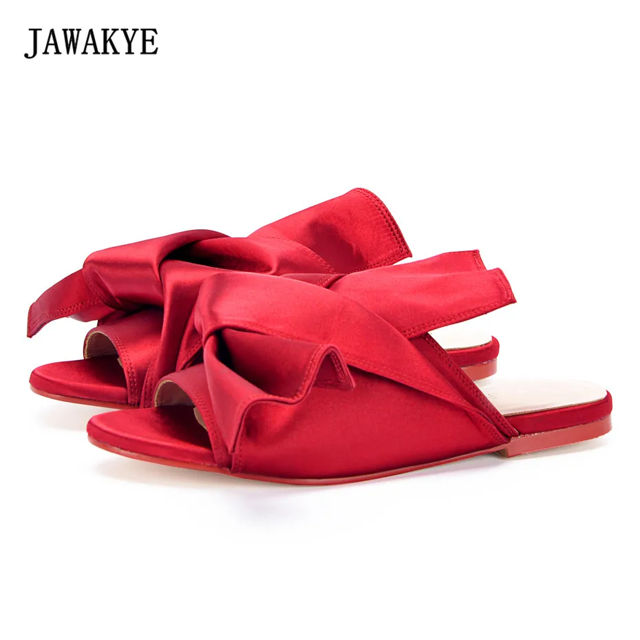 JAWAKYE Red Satin Flat Sandals Shoes For Women Big Bowknot Crossover Women Silk Slippers Beach Slides Summer Flat Shoes Woman
