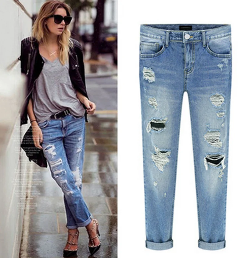 Plus Size Summer Boyfriend Jeans Women Ripped Jeans Full Length Long