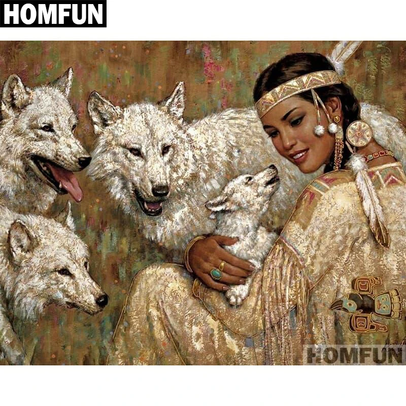 Алмазная 5D картина HOMFUN A01788 индейская девушка и волк вышивка крестиком