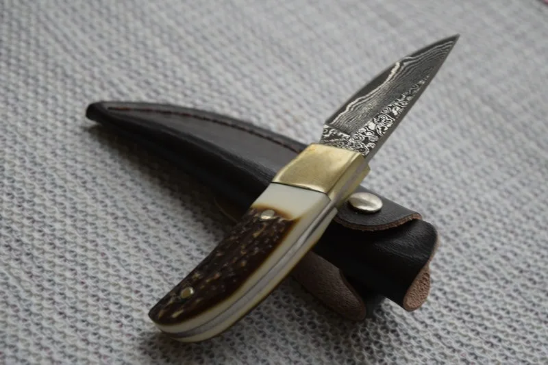 VOLTRON Лось охотничий нож Дамаск Сталь лезвие латунь + рога Ручка выживания ножи Отдых на природе инструмент Карманные Ножи EDC инструменты