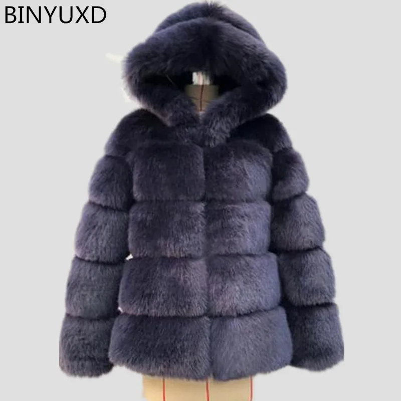 BINYUXD зимний жилет пальто толстое теплое пальто из искусственного меха для женщин плюс размер с капюшоном с длинным рукавом куртка из искусственного меха Роскошные зимние меховые пальто