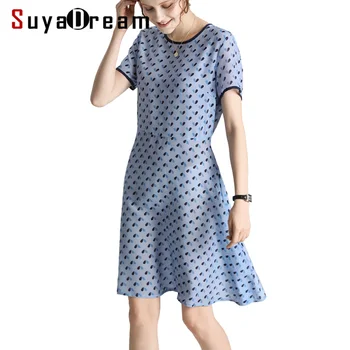 

Women Mini Dress 100%Real Silk Hearts Print Dresses Short Sleeved High Waist 2019 New Summer Blue Dresses for Women