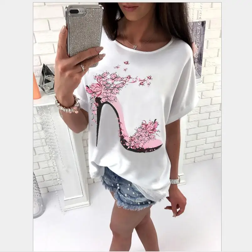 

2019 New Summer Fashion Women Clothes Casual Short Sleeve Print High heels T Shirts Loose Plus Female Shirt Tops