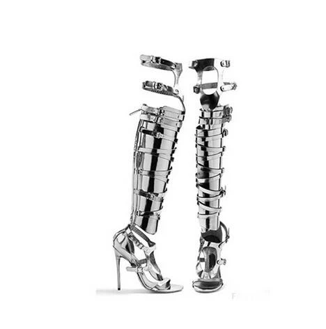 silver knee high gladiator heels