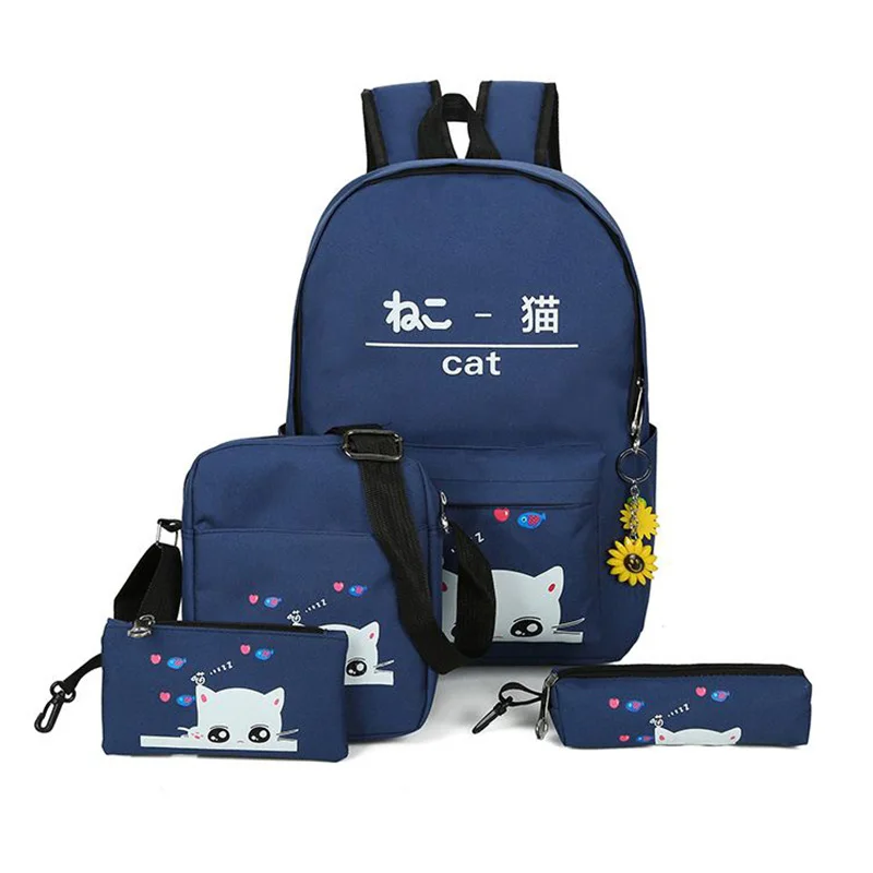 summer 4Pcs set women backpack Korean rucksack cat schoolbag canvas backpacks for girls student bag set