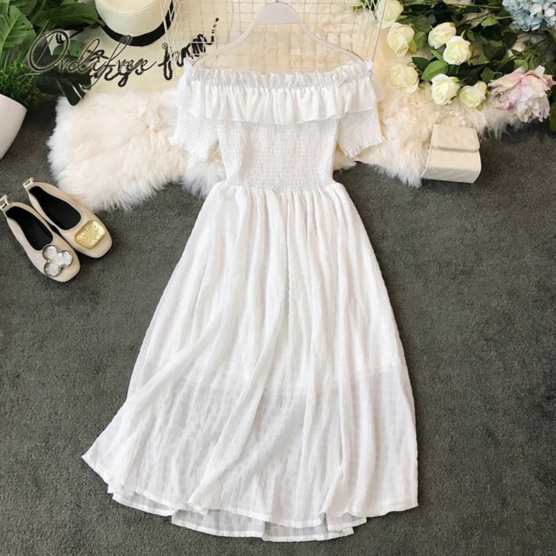 

Ordifree 2019 Summer Women Off Shoulder Dress Slash Neck Ruffle Sexy Tunic Beach Dress