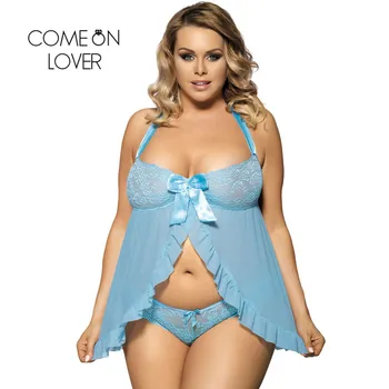 

Comeonlover Halter Babydoll Sexy Erotic 2 Pieces Blue Underwear Sexy Off Shoulder Lace Sleep Wear Sexy Lingerie Women RE70200