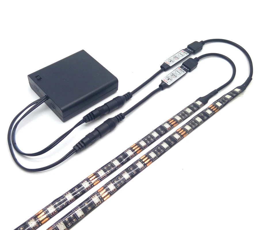 

Double Output Battery LED Strip 5050 RGB Black PCB IP20/IP65 Waterproof Lighting 4*AA Battery Operated With 2Pcs RGB Controller
