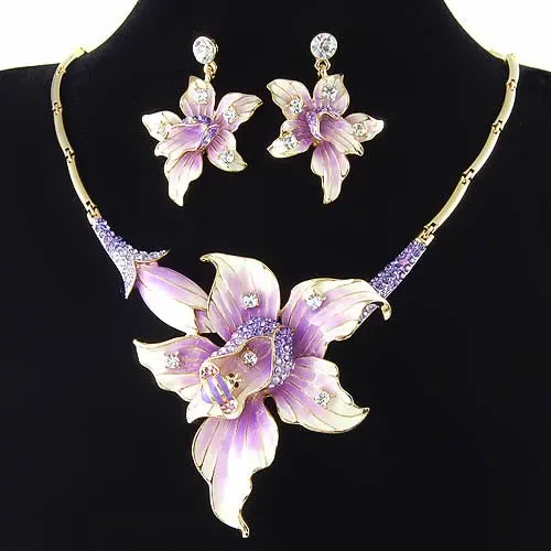 purple flower rhinestone wedding crystal jewelry set NJ 194 18K gold