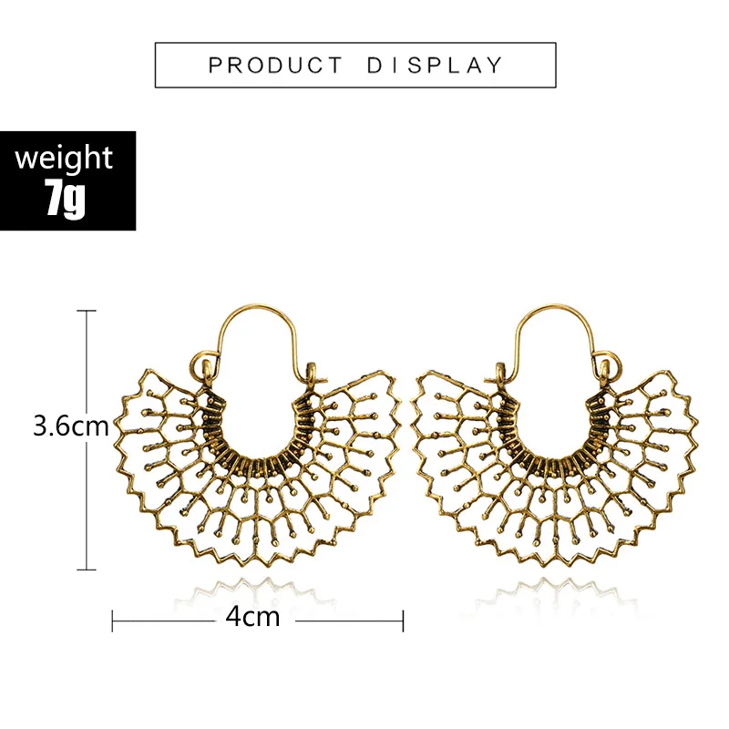 1Pair Vintage Hollow Water Drop Big Hoop Earrings Tribal Bronze Spider Web C Shape Carved Pattern Earrings Women Jewelry E309