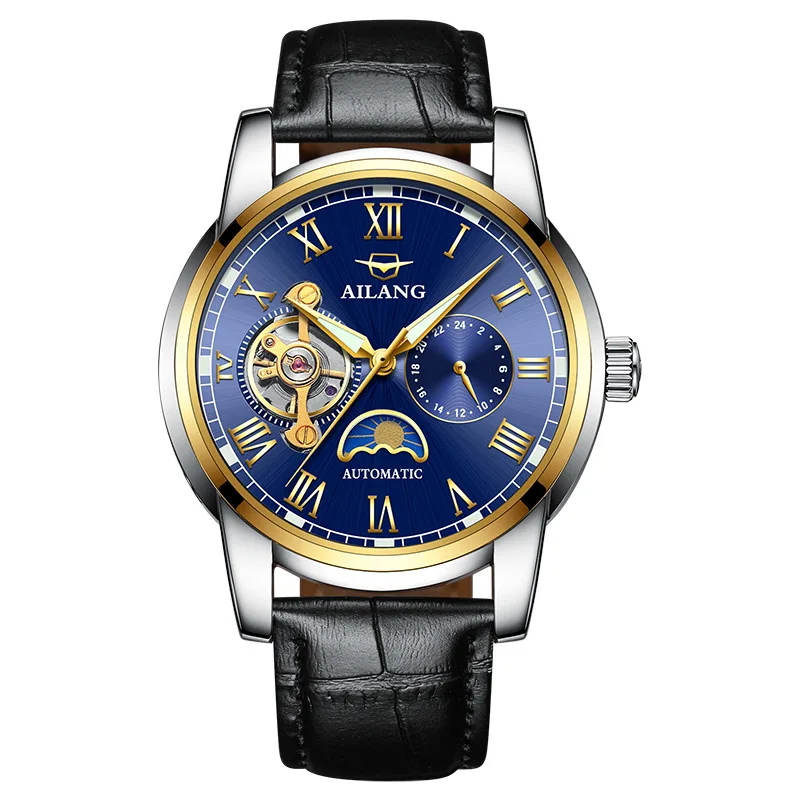 

AILANG 8602 Switzerland watches men luxury brand Moon phase automatic Genuine Leather Strap Clock Luminous Watch Men's relogio