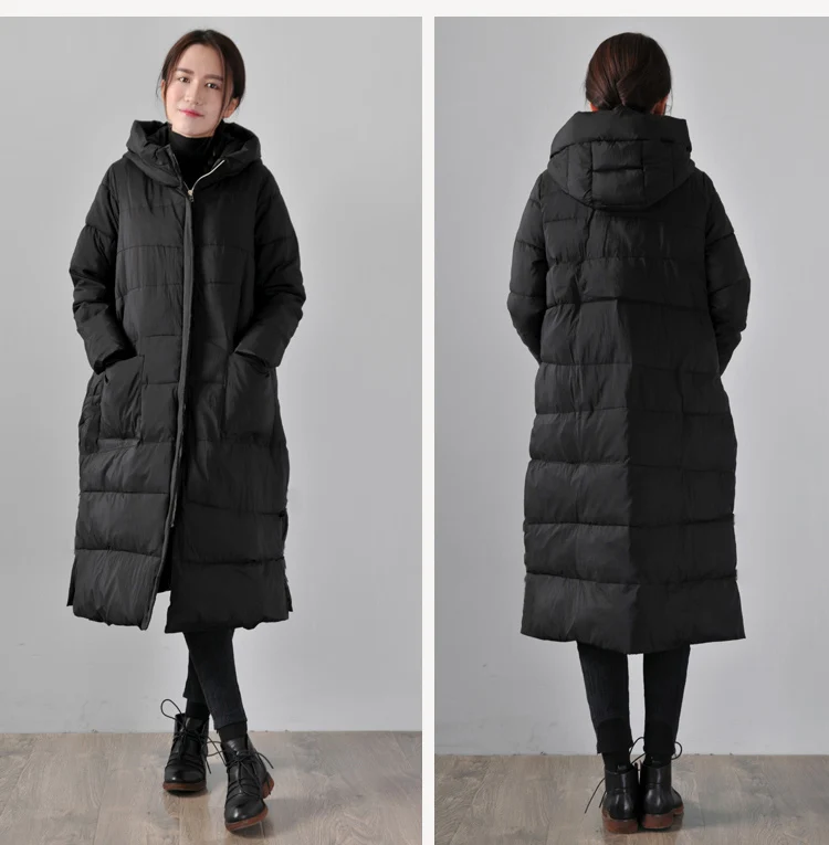 Black Women Winter Long Down Jacket Hooded Duck Down jacket Winter Down