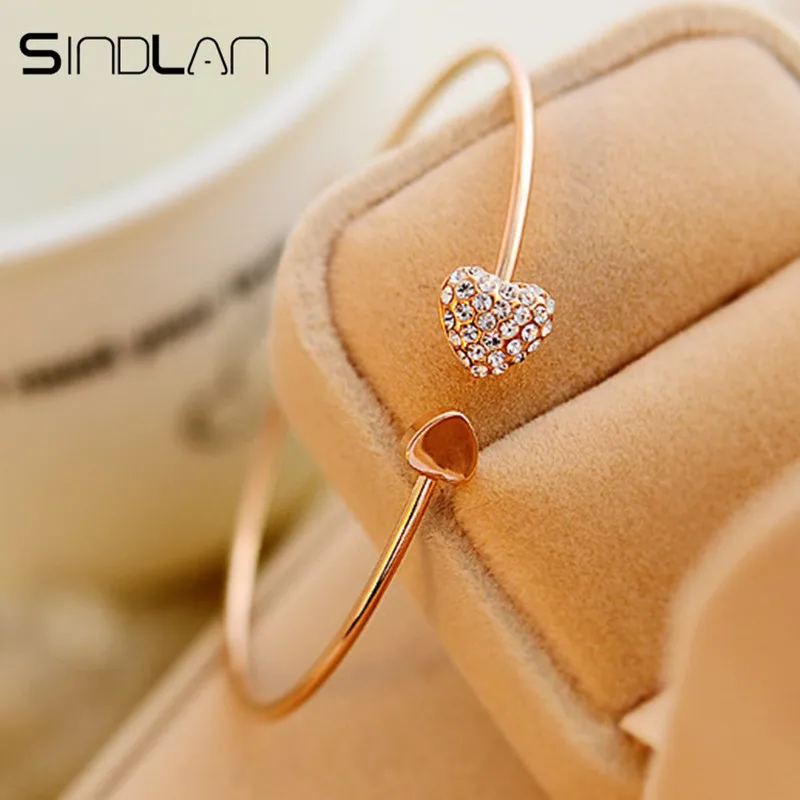 

Sindlan Heart Bracelets for Women Bangles Simple Wristband Sweet Girl Crystal Wrist Chain Open-ended Gold Bracelet Jewelry