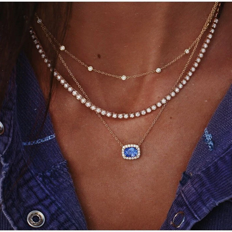 

XIYANIKE Bohemian Blue Crystal Charm Square Necklaces Geometric For Women Gold Alloy Chain Chokers Collar Statement Jewelry Boho