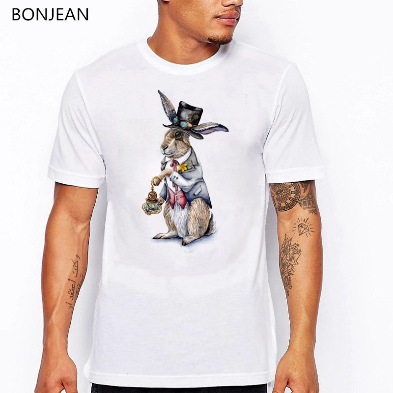 

Steampunk March Hare Rabbit animal printed tshirt men vogue white funny t shirts femme summer tops men t-shirt tumblr clothes