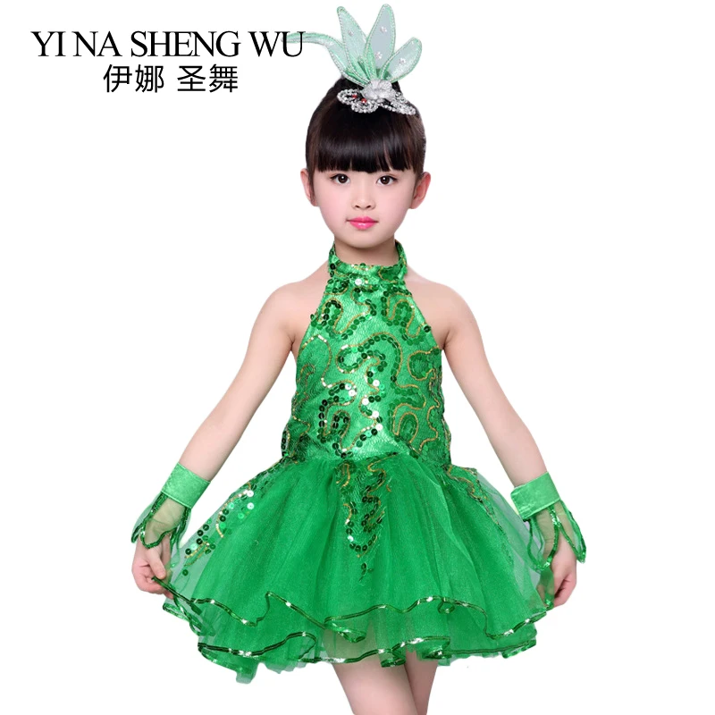 

Children's Performance Dance Costumes Jazz Dance Performance Girls Princess Skirt Tutu Skirt Green Sequins Jazz Dance Dress 4Pcs