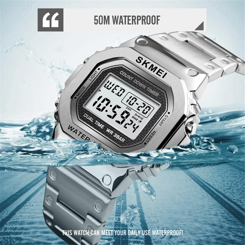 SKMEI спортивные часы мужские g-стиль светодиодные цифровые часы полностью стальные ударные водонепроницаемые часы с хронографом и будильником уличные мужские наручные часы
