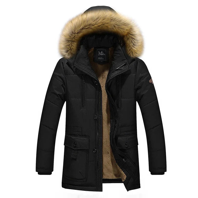 Зимняя мужская куртка из плотного флиса с меховым воротником и капюшоном, мужские пальто, повседневная верхняя мужская куртка, ветрозащитная Мужская ветровка 5XL - Цвет: Черный