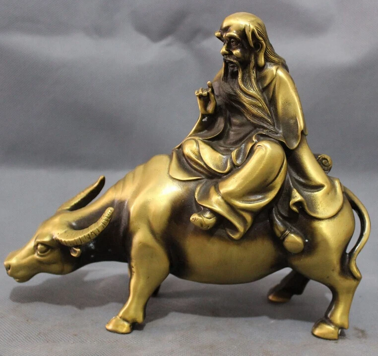 

wholesale factory 10" Chinese Bronze Literati Taoism Lao Tzu LaoZi Ride Bull Ox Statue Suclpture