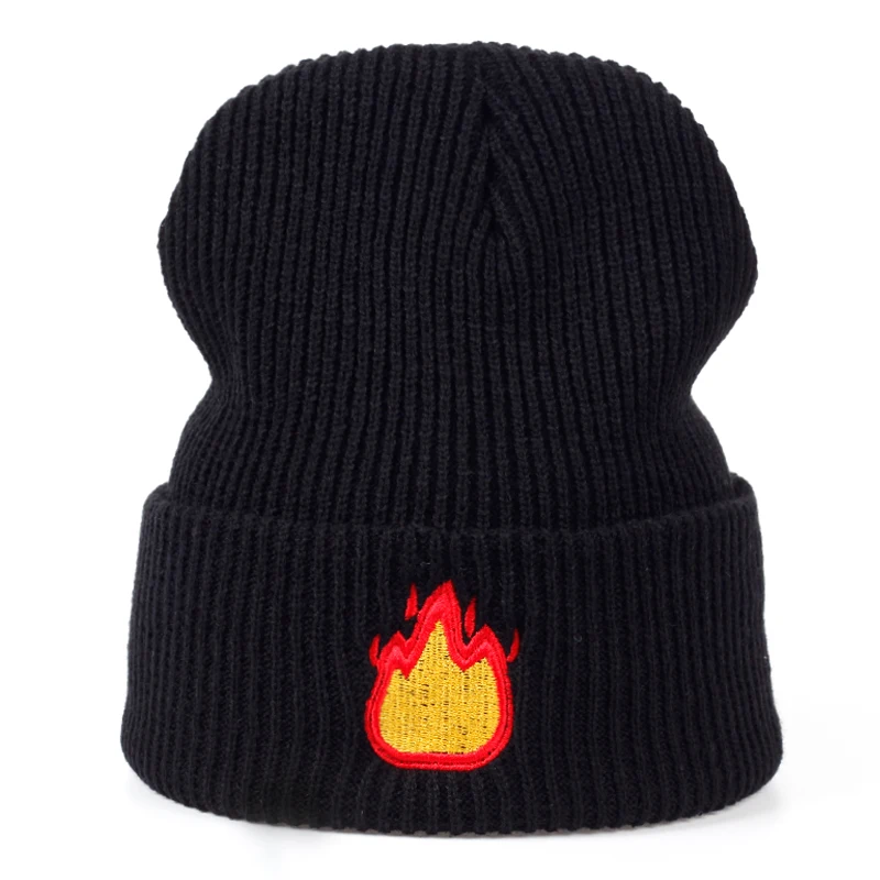Новинка, Теплая мужская шапка с вышивкой пламени, Повседневная теплая вязаная шапка в стиле хип-хоп, женские зимние шапки, шапочки