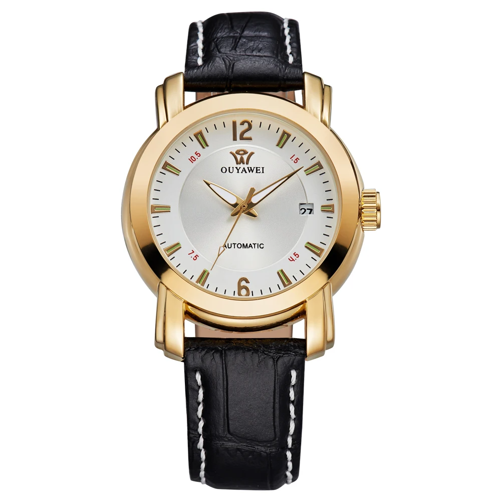 

OUYAWEI Elegant Men Watch Auto Date Mechanical Wristwatch Automatic Male Clock Leather Strap Golden Armband Automatische