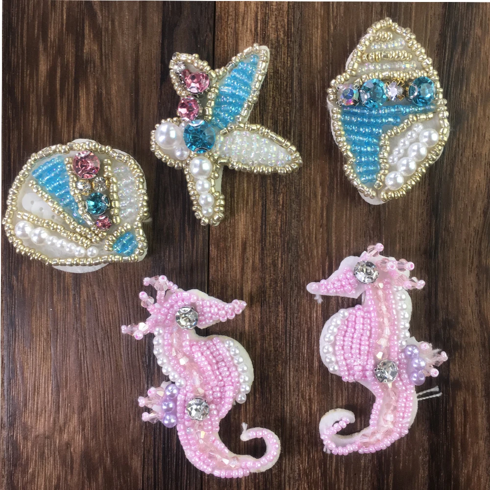 

New Series of Manual Nail Bead Sea Shells Patch Clothes Bag Decoration Sea Horse Patch Applique DIY Accessories