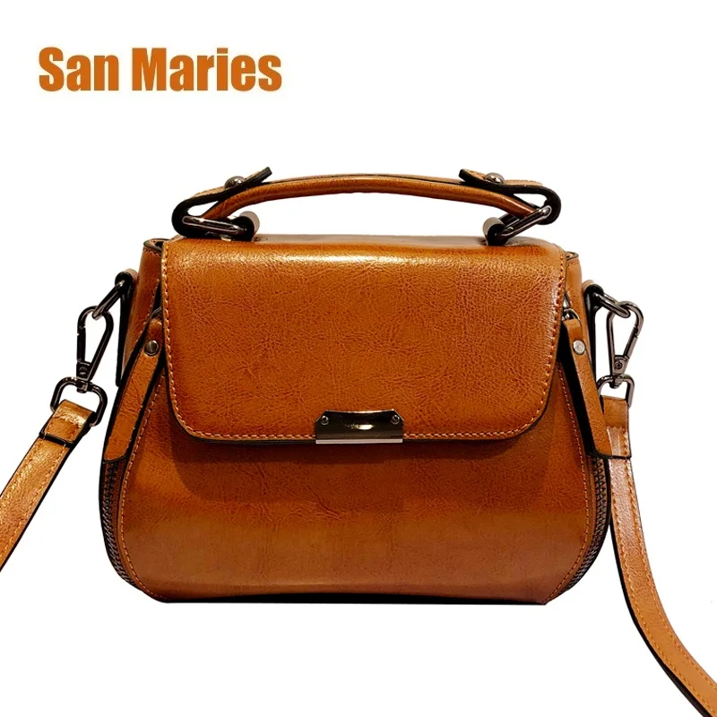 

San Maries Genuine Oil Wax Cowhide Leather Women CrossBody Bags Soft Leather Handbags Shoulder Bag Female Sac Main Free Shipping