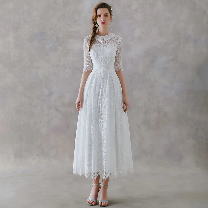 

White Lace Wedding Dress 2019 Short Bride Gown Wedding Party Bridal Dresses Simple Vestido De Novia Long