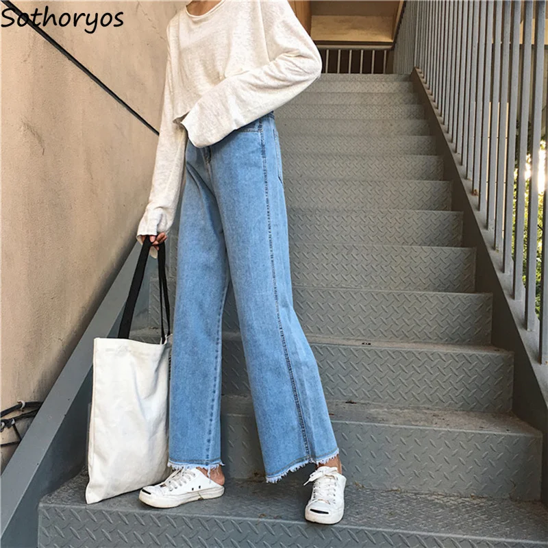 Jeans Women Denim Solid Ankle-Length Zipper Pockets Trendy Womens Wide Leg Pants Korean Style Sweet All-match Loose Leisure Girl