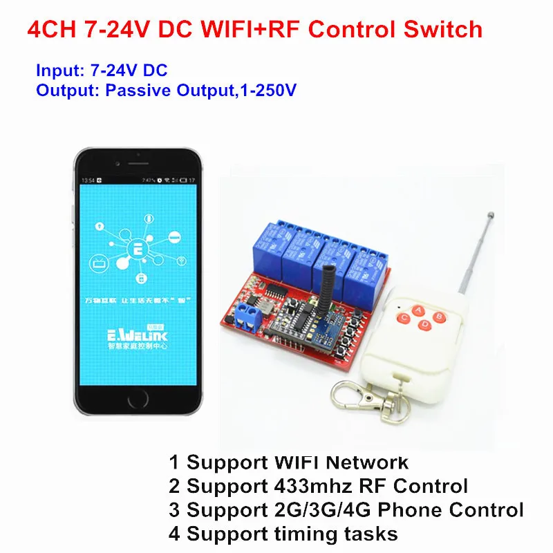 4CH 7V 9V 12V 24V DC DIY wifi Light Switch Controlled by Cellphone APP, RF 433mhz Remote Control