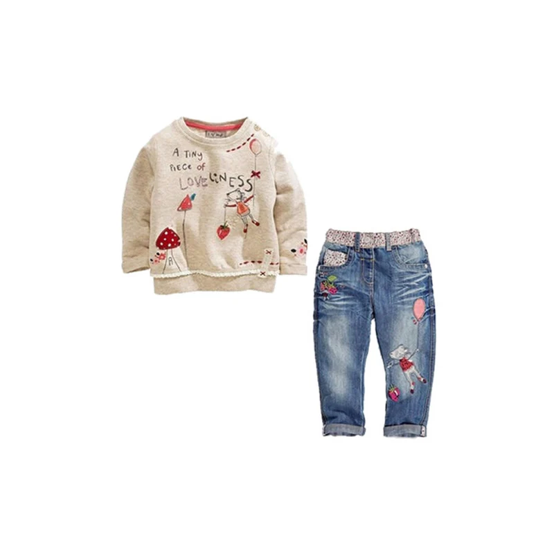 

2017 Casual Cute Autumn Warm Toddler Baby Girls Long Sleeve O-Neck Pullover Cartoon Shirt Tops Denim Pants 2PCS Outfit Fall 2-7Y