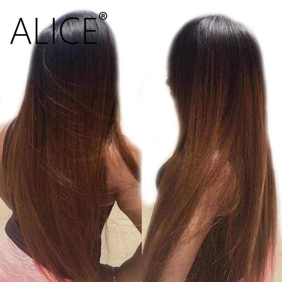 

ALICE Straight Ombre Color Wig Lace Front Human Hair Wig With Dark Roots 130% Brazilian Remy Hair Wig Pre-plucked Side Part