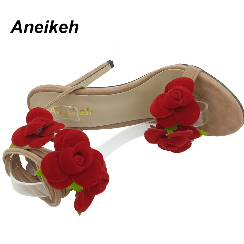 Aneikeh Red Flower Women Shoes Lace Up Summer High Heels Shoes Wedding Party Women Pumps Zapatos Mujer Size 4~9 D-558-10#